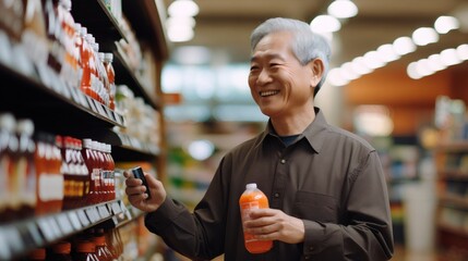 Senior man looking product detail and purchasing at grocery shop. Smiling senior Asian male choosing a food in a grocery store. Healthy diet concept - obrazy, fototapety, plakaty