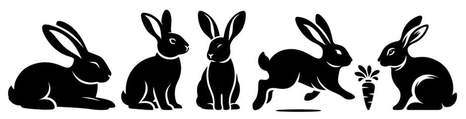 Playful Rabbit Silhouettes - Cute Bunny Poses Vector Set, Rabbit  Vector