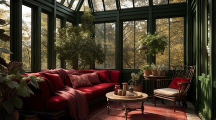 Fototapeta premium Sunroom combining oxblood red and hunter green color palette.