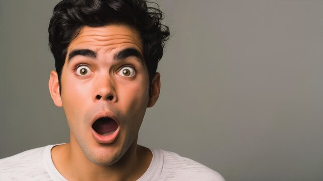 Portrait of Surprised young adult Latin American man on grey background. Male stunned and shocked look, with big eyes, mouth open and jaw dropped. Unexpected shocking news. Surprise and shock