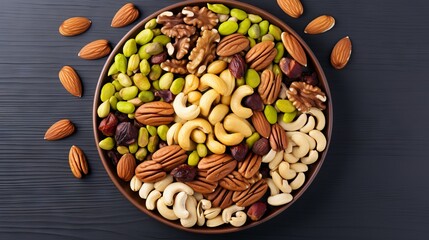 Plate of mixed nuts, cashew, almond, pistachios, walnuts, hazelnuts, pecans, on a dark wooden table. Wooden plate with different varieties of nuts, hi-res image. Nut types closeup healthy food.