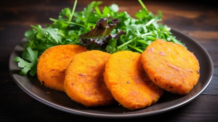 Chicken steaks with salad. Carrot cutlets with green salad on a black plate. Closeup image of healthy meal with meat and vegetables on the table. Beautiful healthy food cooking recipe balanced diet.