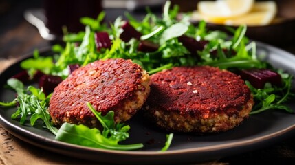 Beef steaks with salad. Beetroot cutlets with green salad on a black plate. Closeup image of healthy meal with meat and vegetables on the table. Beautiful healthy food cooking recipe balanced diet.