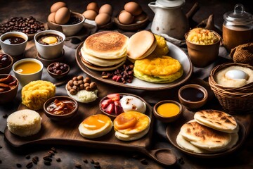 Colombian breakfast with arepas, coffee, bread, eggs, warmed rice and fruit 