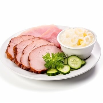  Deli meat with vegetables in a white plate on a white background. Cold cuts with vegetables on a white ceramic plate. Slice meat with vegetables and sauce snack hi-res above view.