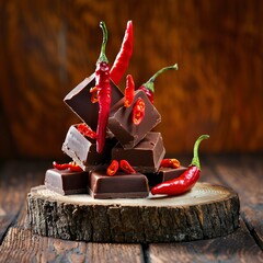 Dark chocolate and milk chocolate, with red hot chili peppers, on a wooden background - obrazy, fototapety, plakaty