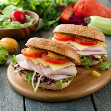 Delicious and Tasty sandwiches with turkey, ham, cheese, tomatoes and salad over a wooden table full of fresh vegetables.