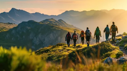 Zelfklevend Fotobehang A group of friends on a hiking adventure, panoramic mountain views, capturing the spirit of friendship and exploration. Resplendent. © Summit Art Creations