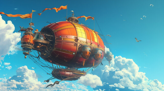 colorful fantasy airship with blue sky