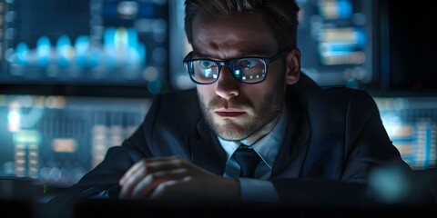 A cautious employee scrutinizing digital information with a wary expression on face. Concept Workplace Security, Cyber Threats, Data Analysis, Employee Monitoring