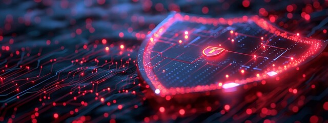 Digital shield with a glowing padlock symbolizes robust cybersecurity. The vibrant neon red lines on a dark background create a sense of advanced technology protecting sensitive data