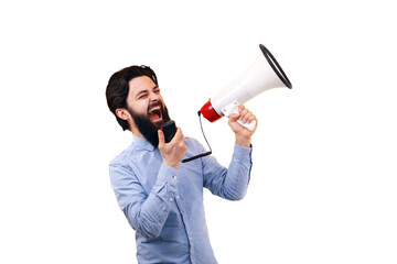 bearded man shouting into megaphone isolated on transparent background