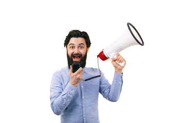 bearded man shouting into megaphone isolated on transparent background - 760794235