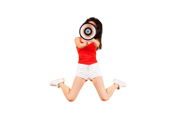 girl jumping with a megaphone isolated on transparent background - 760794250