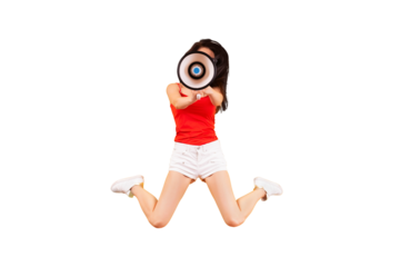 girl jumping with a megaphone isolated on transparent background