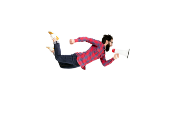 hipster shouting in megaphone isolated on transparent background