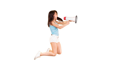 girl shouting through a megaphone isolated on transparent background