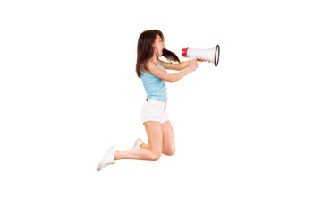 girl shouting through a megaphone isolated on transparent background