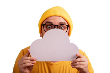 man holding cloud storage isolated on transparent background