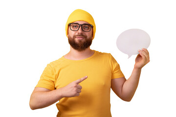 caucasian man holding speech bubble isolated on transparent background