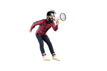 hipster shouting in megaphone isolated on transparent background - 760794277
