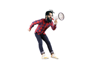 hipster shouting in megaphone isolated on transparent background