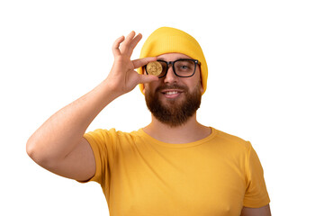 man covering eye with bitcoin isolated on transparent background