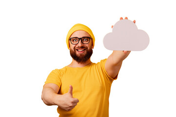 man holding cloud storage isolated on transparent background