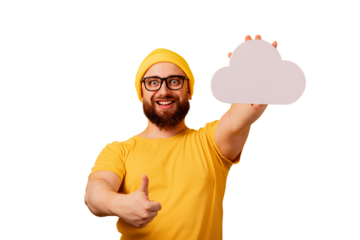 man holding cloud storage isolated on transparent background