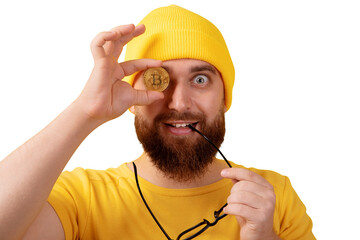 man holding bitcoin isolated on transparent background