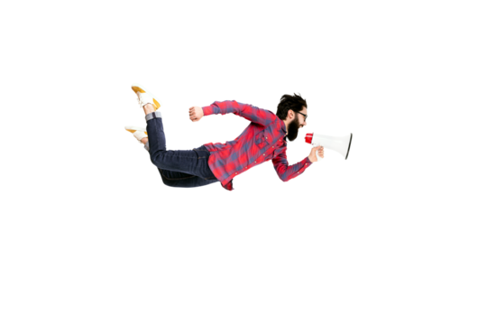 hipster shouting in megaphone isolated on transparent background