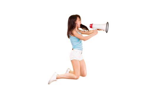 girl shouting through a megaphone isolated on transparent background