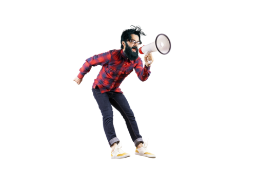 hipster shouting in megaphone isolated on transparent background - Powered by Adobe
