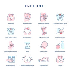 Enterocele symptoms, diagnostic and treatment vector icons. Medical icons. - 760794433