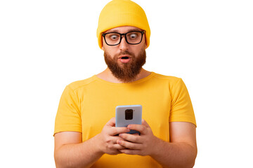 shocked man holding phone isolated on transparent background - 760794445