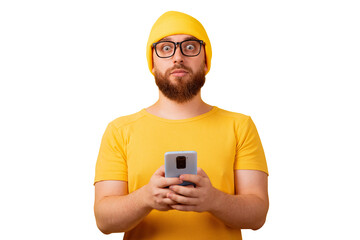 shocked man holding phone isolated on transparent background - 760794452