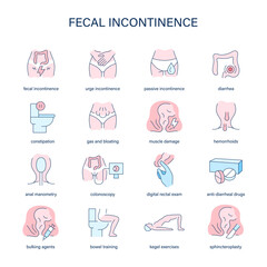 Fecal Incontinence symptoms, diagnostic and treatment vector icons. Medical icons.