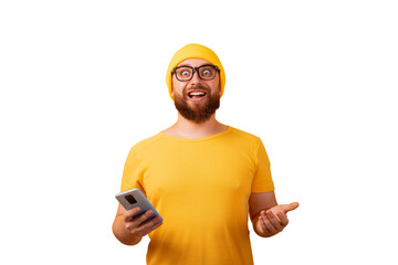 smiling man holding phone isolated on transparent background