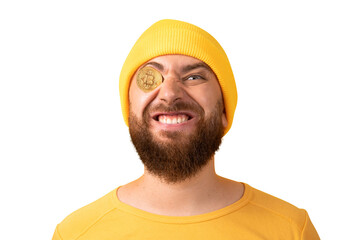 smiling man with bitcoin isolated on transparent background