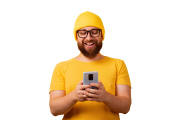 smiling man looking at phone isolated on transparent background - 760794484