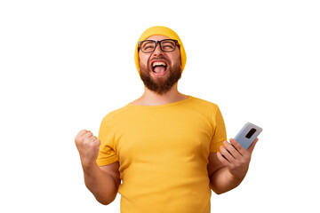 winner man with phone isolated on transparent background - 760794488