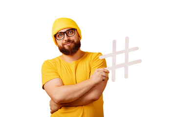 stylish bearded man with hashtag isolated on transparent background