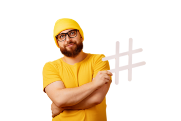 stylish bearded man with hashtag isolated on transparent background