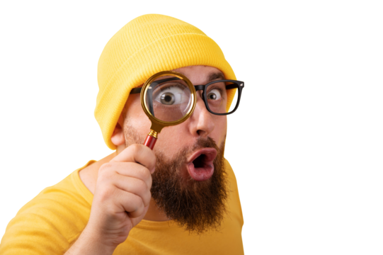 shocked man looking into magnifying glass isolated on transparent background