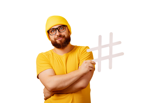 stylish bearded man with hashtag isolated on transparent background
