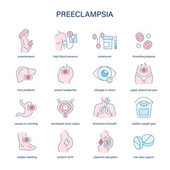 Preeclampsia symptoms, diagnostic and treatment vector icons. Medical icons.