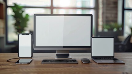 Fototapeta premium Set realistic Monitors laptop tablet and phone with white screen