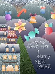 Christmas Eve landscape. Festive winter town with Christmas tree and decorations Christmas Happy New Year eve greeting card, poster, party invitation template, background, wallpaper, banner, template,