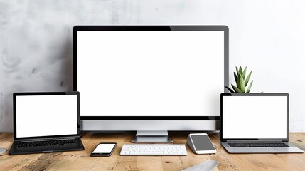 Fototapeta premium Set realistic Monitors laptop tablet and phone with white screen