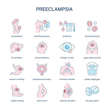 Preeclampsia symptoms, diagnostic and treatment vector icons. Medical icons.